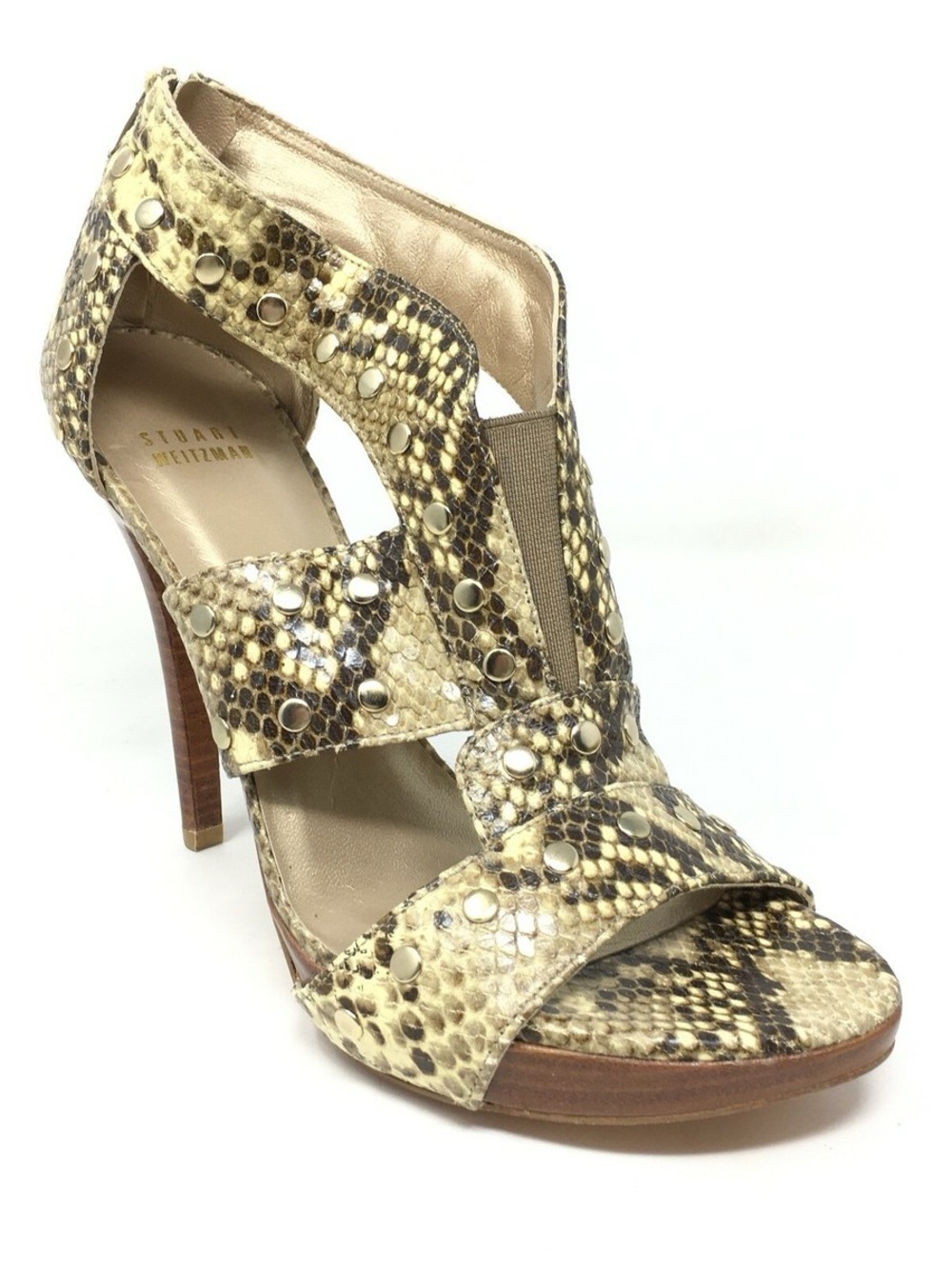 EUC Stuart Weitzman Beige Snake-Embossed Studded High Heel Sandal